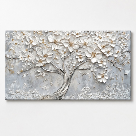Quadro moderno albero in fiore 77x143 cm stampa su tela con decoro a rilievo